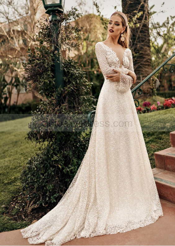 Bling Bling Ivory Lace Long Sleeve Beading Wedding Dress